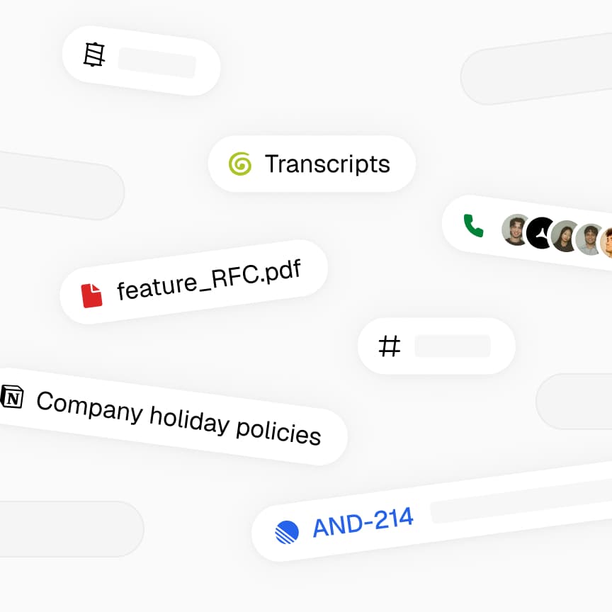 Context sources arranged as floating chips for transcripts, files, calls, Linear, Notion, and channels.