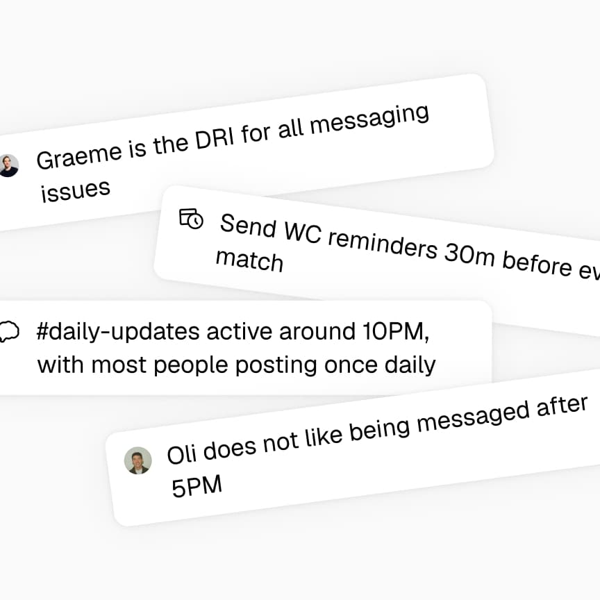 Memory examples shown as floating notes about team ownership, reminders, channel patterns, and preferences.