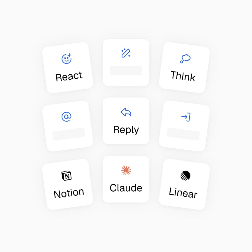 Tool cards for React, Think, Reply, Notion, Claude, Linear, and related actions.